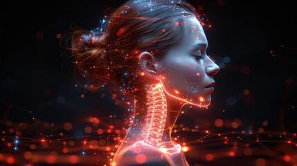 Woman with her back turned, face not visible, suffering from office syndrome, with a digital spine overlay highlighting pain areas