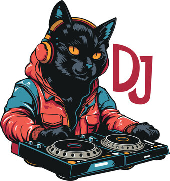 Cool black cat DJ with headphones and turntables