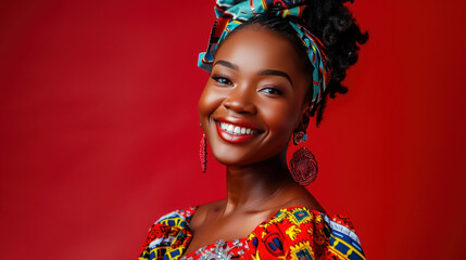 Beautiful young African woman with a captivating smile, looking glamorous in a fancy outfit against a striking red background.