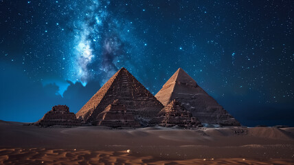 The Pyramids of Giza under a star-filled sky with the Milky Way galaxy prominently visible, creating a stunning night-time view.