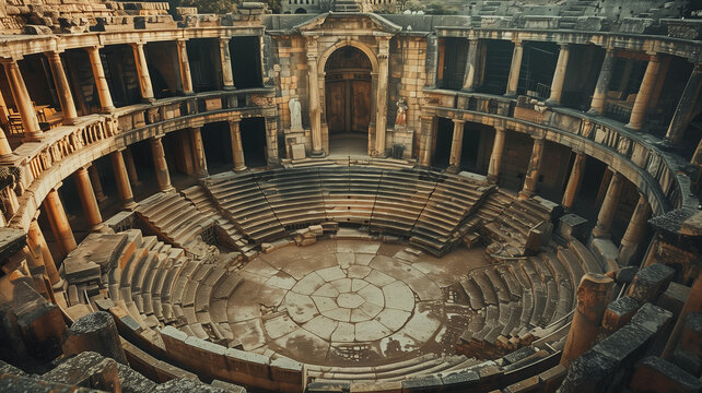 An ancient Roman amphitheater located in Bosra, Syria, featuring impressive columns and tiered seating, captured at dawn.