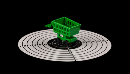 Miniature shopping cart from a supermarket and a shooting target on a black background
