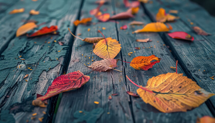 A wooden table covered in autumn leaves