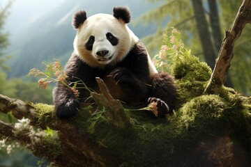 Fototapeta premium giant panda eating bamboo, generative ai