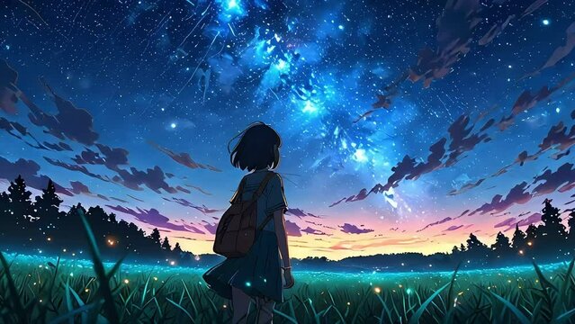 Young Girl Gazes at the Beautiful Night Sky With Stars and Fireflies, Anime Style