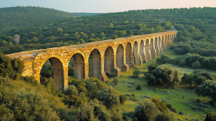 An ancient Roman aqueduct extends across a vibrant green valley under soft golden hour sunlight, with a hilly forest backdrop.