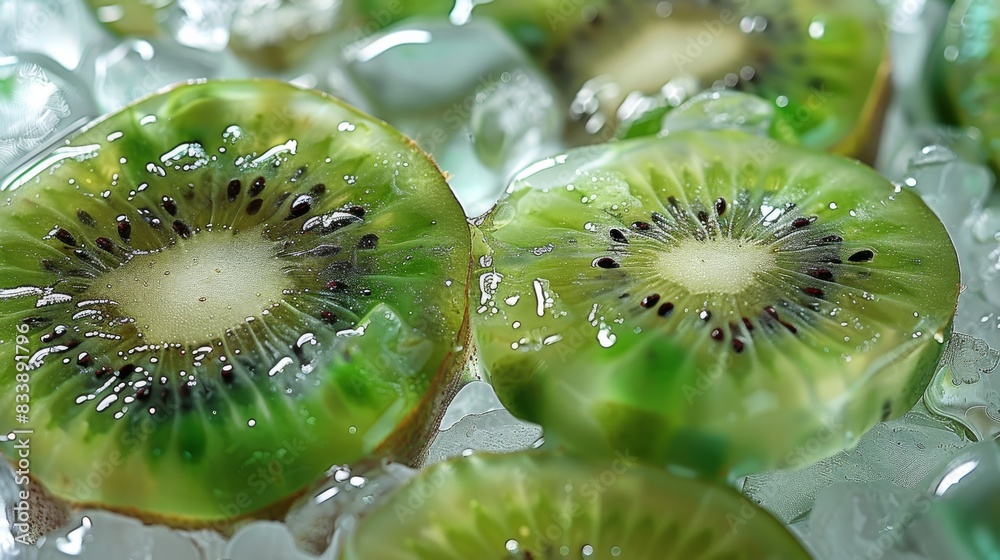 Aufkleber green kiwi slices in ice, with a transparent and glassy texture, top view. generative ai.