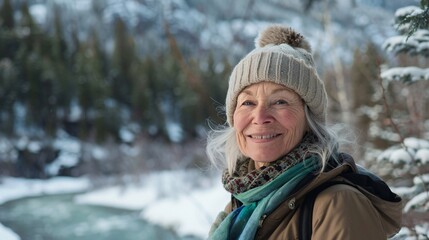 Fototapeta premium Embracing the Golden Years: A Joyful Senior Woman Hiking Through Scenic Winter Mountains