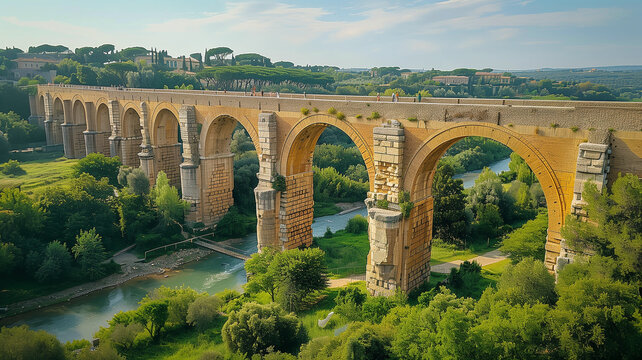 The ancient Roman aqueduct majestically spans a lush, green valley under a bright blue sky, showcasing impressive architectural prowess and historical significance.