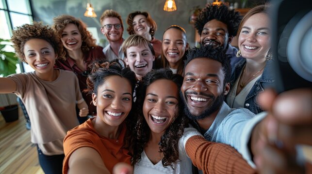 Multicultural Happy People Taking Group Selfie Portrait in Office, Diverse Team Celebrating Together, Showcasing Happy Lifestyle and Teamwork Concepts