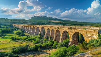 A massive bridge stretches across a vibrant green hillside, connecting distant areas with a sturdy structure.
