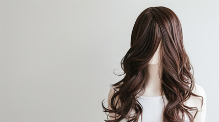 Obraz premium Brown wig on a white mannequin with wavy curls, displayed on a white background.