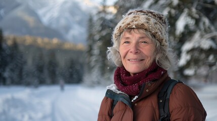 Fototapeta premium Embracing the Golden Years: A Joyful Senior Woman Hiking Through Scenic Winter Mountains
