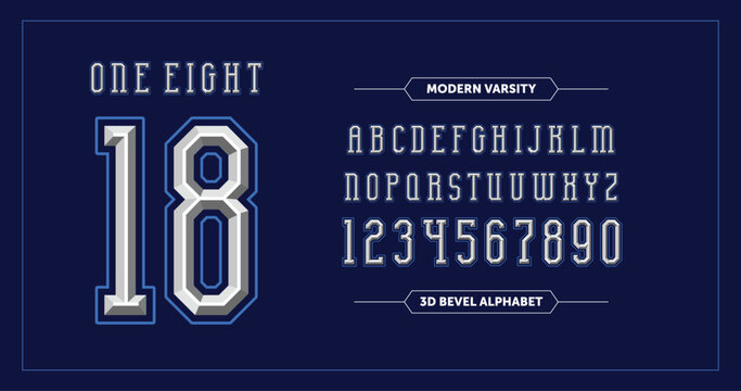 Chrome Chiseled Alphabet Vector Font. Featuring type letters A-Z and numbers 0-9. Chiseled block letters on a navy blue background.