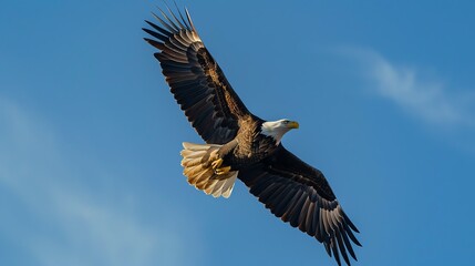 Obraz premium A majestic bald eagle soars through the blue sky with its wings spread wide.