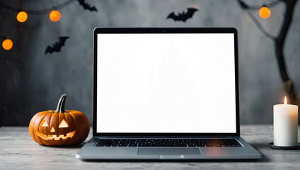 Laptop with white blank screen mock up in interior with Halloween scary decor for party with a Jack Lantern pumpkin, candles, bat. Holiday promotion, internet, shopping, autumn. 