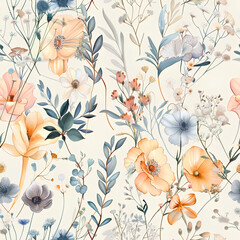 Pastel Floral Pattern, Elegant Botanical Illustration, Seamless Design