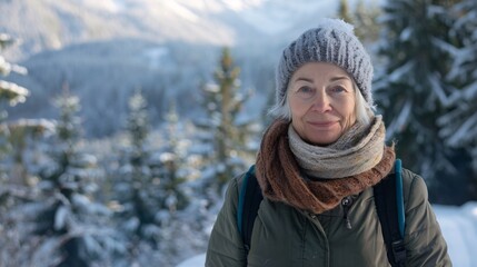 Fototapeta premium Embracing the Golden Years: A Joyful Senior Woman Hiking Through Scenic Winter Mountains