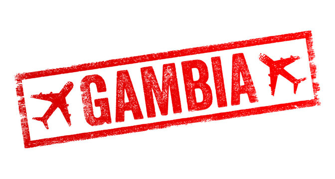 Gambia is a small West African country, bounded by Senegal, with a narrow Atlantic coastline, text emblem stamp with airplane