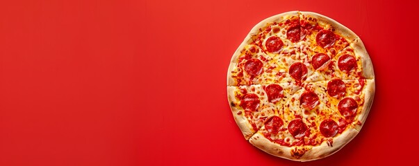 Pepperoni pizza on red background with copy space.