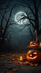 Fototapeta premium Halloween Jack Lantern pumpkin background in a scary forest with a dead tree, a terrible mood, bats, full moon, fog, twilight, cemetery.