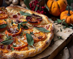 Gourmet pumpkin pizza with sage and prosciutto, perfect for fall.