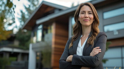 Confident American woman real estate agent stands proudly outside a contemporary home, ready to offer her expert guidance to house buyers