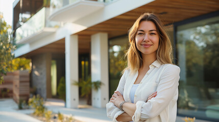 Fototapeta premium Confident American woman real estate agent stands proudly outside a chic modern home, her presence reassuring potential house buyers of her expertise