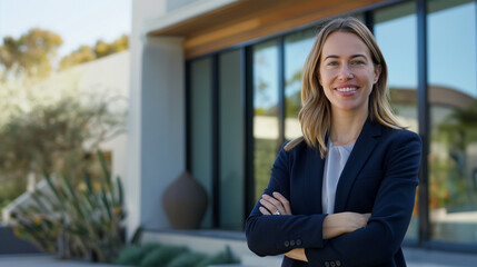 Confident American woman real estate agent stands proudly outside a modern home, her knowledgeable and friendly demeanor attracting potential house buyers