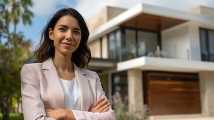 Confident American woman real estate agent stands proudly outside a stunning modern home, ready to assist potential house buyers with her professional expertise