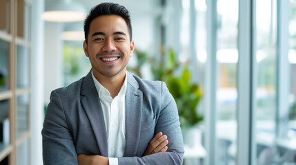 Smiling elegant confident young professional Latino Hispanic businessman with a polished look, radiating leadership, standing in a bright, contemporary office