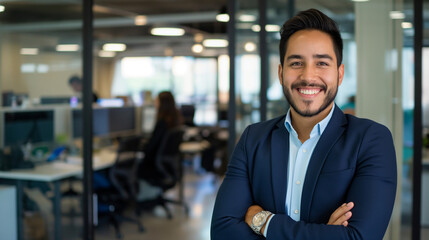 Fototapeta premium Smiling elegant confident young professional Latino Hispanic businessman, exuding confidence and expertise, standing in a high-tech office