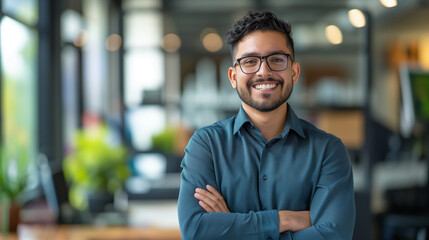 Fototapeta premium Smiling elegant confident young professional Latino Hispanic businessman, exuding confidence and expertise, standing in a high-tech office
