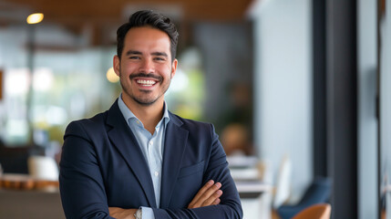 Fototapeta premium Smiling elegant confident young professional Latino Hispanic businessman, showcasing leadership and sophistication, standing in a spacious office