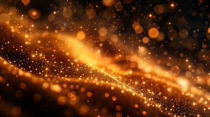 Obraz premium An abstract depiction of golden glitter rain, particles twinkling in light, dynamic and flowing, rich gold tones, sparkling effects, mesmerizing and vibrant, high contrast.