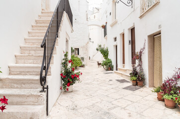 Characteristic narrow streets in the Locorotondo, metropolitan city of Bari, in Puglia, Italy
