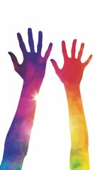 Obraz premium Elegant minimalist design of silhouetted hands raised against a white background, accented with a rainbow for LGBTQ celebration,