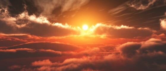 Flight among the clouds, Stormy sky, sunrise or sunset among fabulous clouds, panorama of clouds, 3D rendering