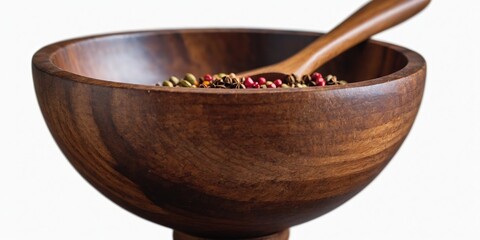 Detailed photograph of a handmade wooden bowl with a spoon on a spice-filled translucent and PNG backdrop.