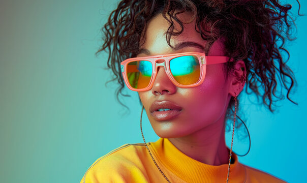 90s Disco Lady Holding Vintage Radio, Wearing Neon Glasses, Yellow Sweatshirt, Isolated on Gradient Green Neon Background - Retro Party Vibes, Stylish Nostalgic Fashion, Music, and Fun