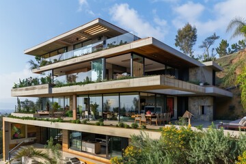 A contemporary hillside house with multiple terraces, each offering expansive views, and an open interior featuring a seamless blend of indoor and outdoor spaces,