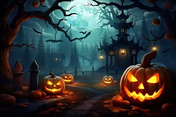 Halloween Jack Lantern pumpkin background in a scary forest with a dead tree, a terrible hunting house. Frightening mood, bats, driftwood, full moon, fog, twilight. Copy space
