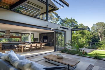 A contemporary single-story house with a cantilevered second floor, featuring an open-concept living space with seamless indoor-outdoor flow to a tranquil garden,