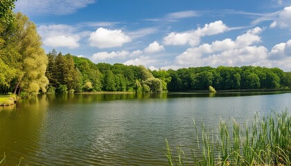great view of the quiet lake and green forest on a sunny day ukraine europe