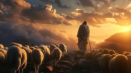 Jesus with his flock of sheep during a picturesque sunset in the countryside. 