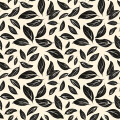 Seamless floral pattern of abstract black leaves texture on cream beige background, Hand drawn contemporary abstract print. Modern fashionable template for design.
