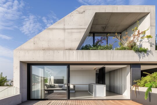 A minimalist concrete house with geometric lines and a rooftop garden, the large sliding glass doors opening to a spacious wooden deck,