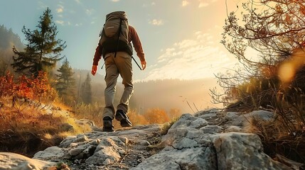 Backlit image of a solo hiker walking on a rocky mountain path at sunset with picturesque nature scenery in the background.  - Powered by Adobe
