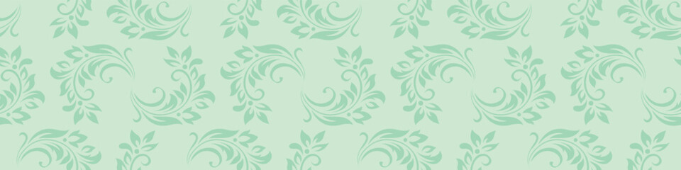 Vintage seamless plant pattern of green stylized leaves, flowers and curls. Retro style. Vector backdrop, texture for victorian wallpapers, wrapping paper, fabric