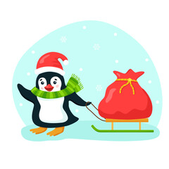 Funny flat penguin with Christmas hat and scarf on snowy background. Vector cartoon illustration with Christmas bag. Hand drawn image of cute winter character with smile for holiday poster or card